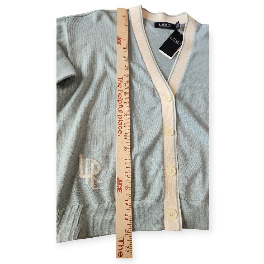 Black Label Ralph Lauren Blue Cream Cropped V Neck Cardigan Sweater Women Large - Picture 8 of 10